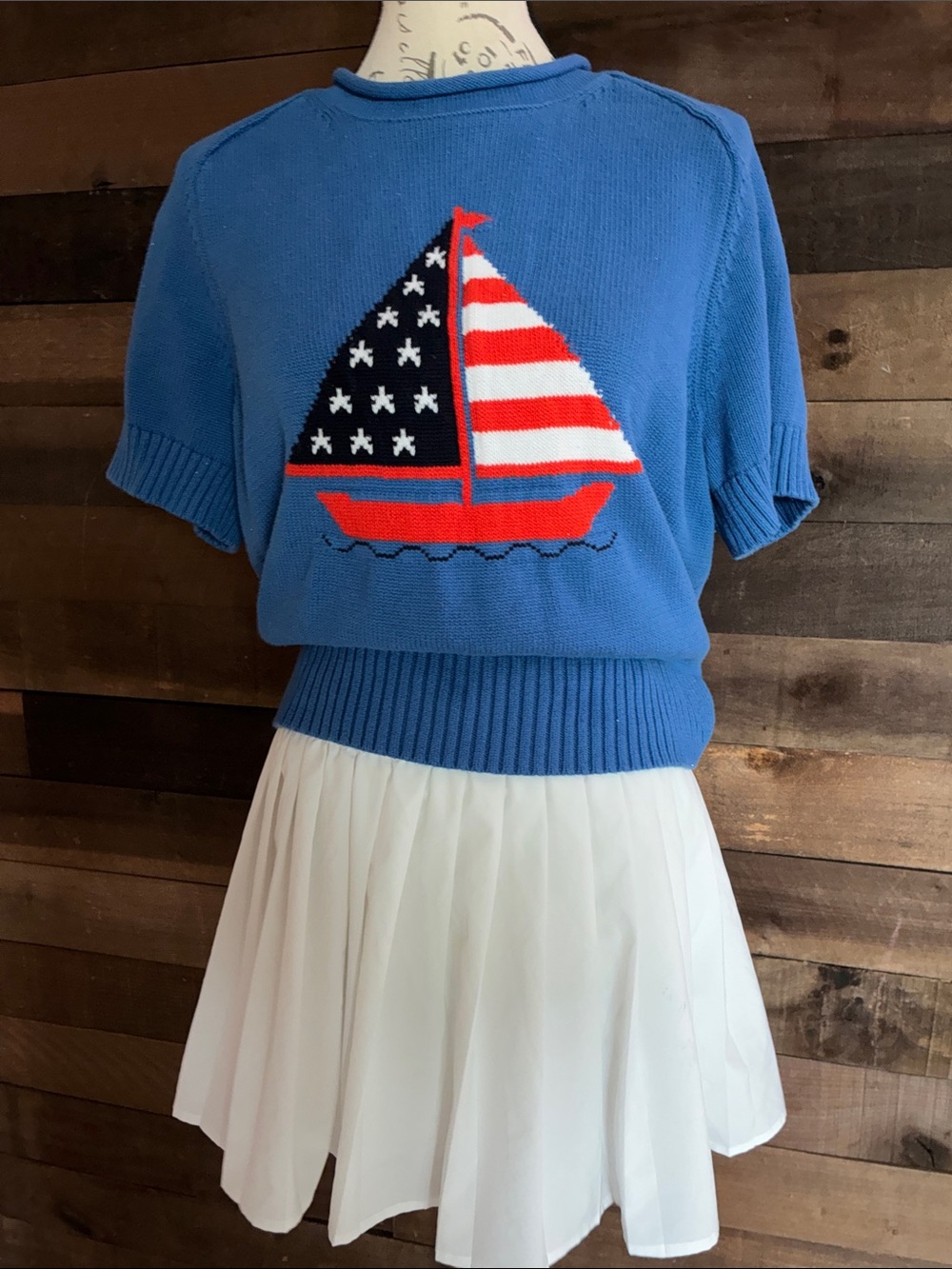 Blue Sailboat Knit Top - Short Sleeve  Nautical Sweater